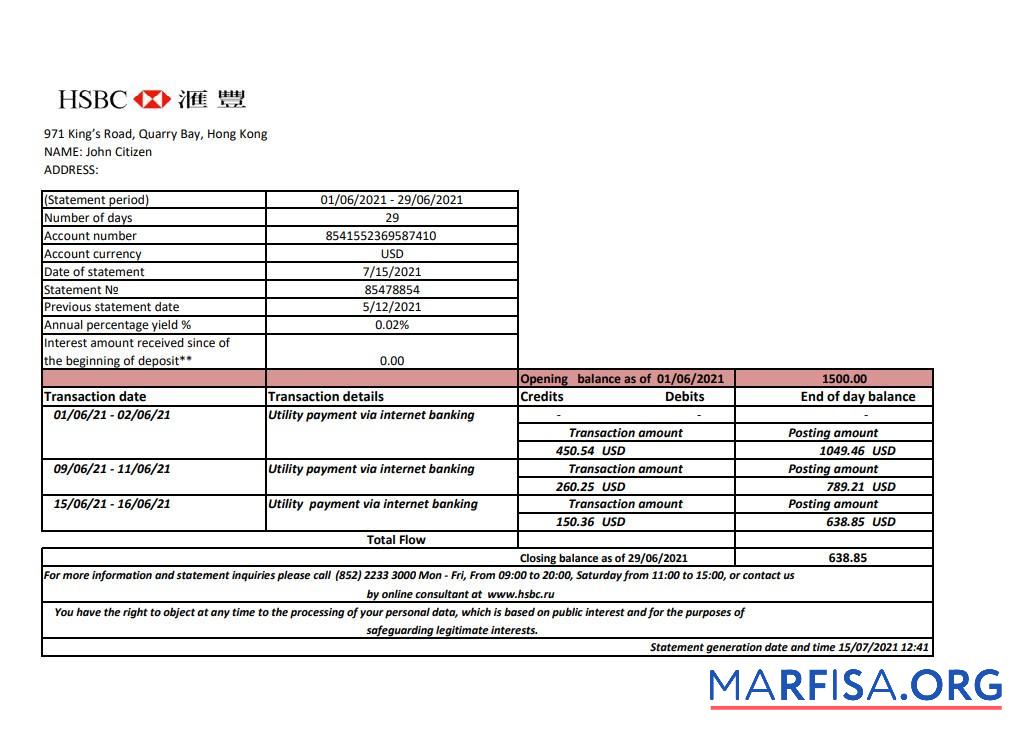 Printable Hong Kong HSBC bank statement excel example